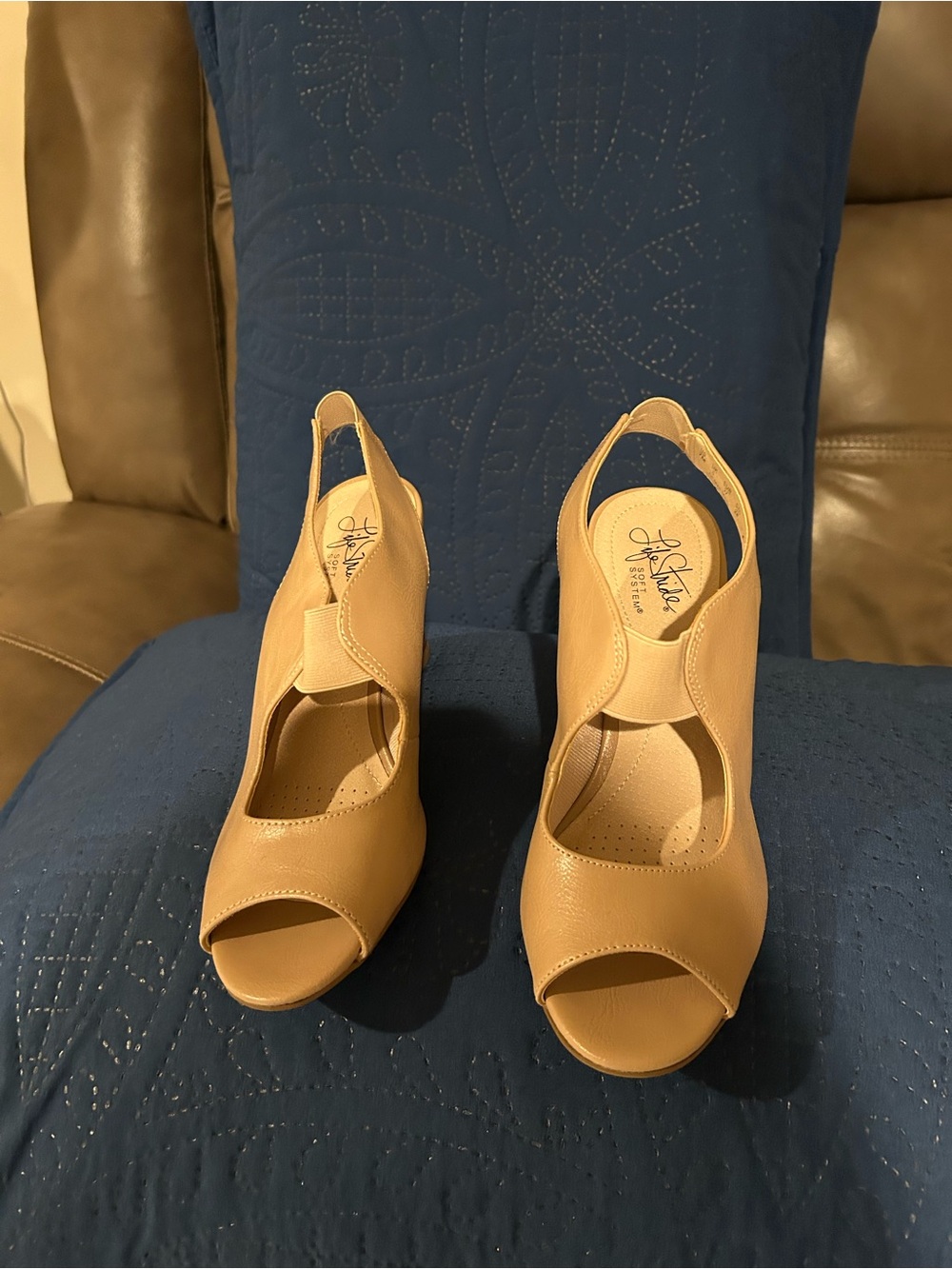 Life Stride Tan Peep-Toe Slingback Wedge Heels